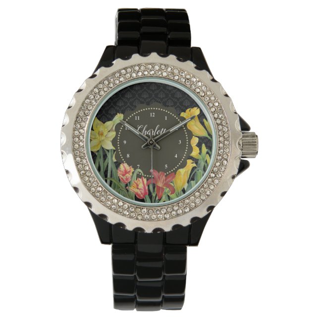Waterverf Geel Oranje Lente Bloemen Damask Horloge (Voorkant)