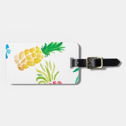 Waterverf, geel, roze en blauwe ananas bagagelabel (Voorkant horizontaal)