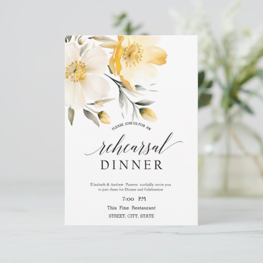 Waterverf Geel Wit Bloemen repetitie diner Kaart (Staand voorkant)