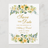 Waterverf Geel Witte Bloem Goud Save the Date Aankondigingskaart (Voorkant)