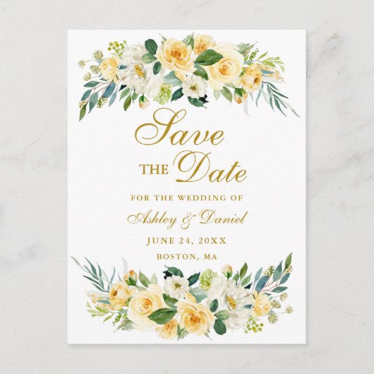 Waterverf Geel Witte Bloem Goud Save the Date Aankondigingskaart (Voorkant)