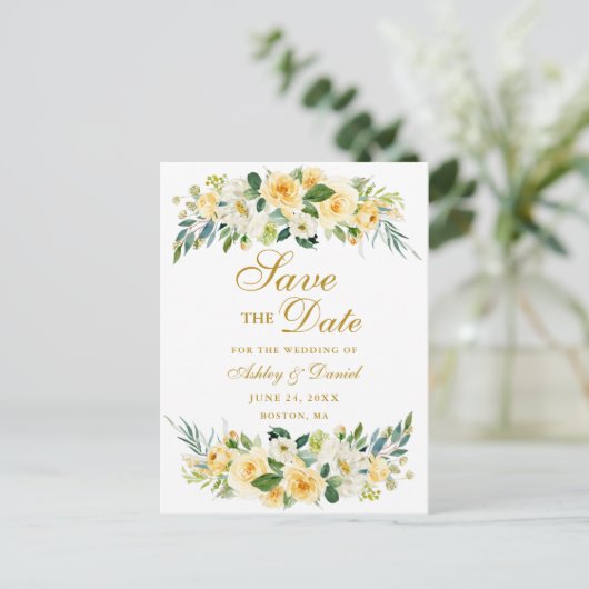 Waterverf Geel Witte Bloem Goud Save the Date Aankondigingskaart (Staand voorkant)