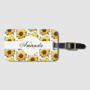 Waterverf geel zonnebloem naam monogramed bagagelabel