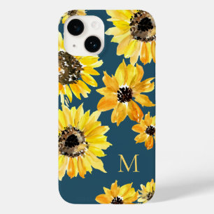 Waterverf geel zonnebloemen op blauw Monogram Case-Mate iPhone 14 Hoesje
