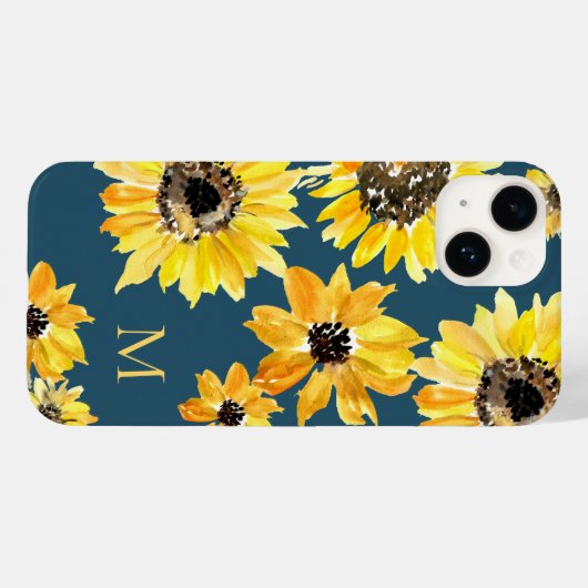 Waterverf geel zonnebloemen op blauw Monogram Case-Mate iPhone Case (Achterkant (horizontaal))