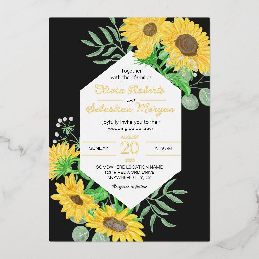 Waterverf geel zonnebloemen op zwart trouwgoud folie uitnodiging (Voorkant)