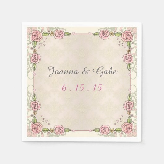 Waterverf geïllustreerde roze rozen bruiloft serve servet (Voorkant)