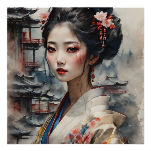 Waterverf Geisha nr. 8 Perfect Poster (Voorkant)