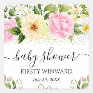 Waterverf Gele en Roze Bloemen Baby Shower Vierkante Sticker