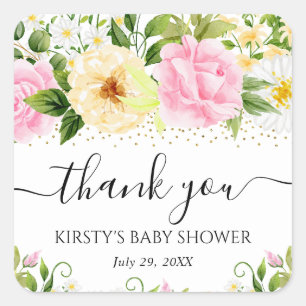 Waterverf Gele en Roze Bloemen Baby Shower Vierkante Sticker