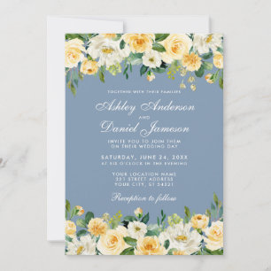 Waterverf Gele Floral Dusty Blue Wedding Kaart