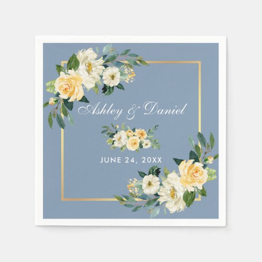 Waterverf Gele Floral Dusty Blue Wedding Servet (Voorkant)