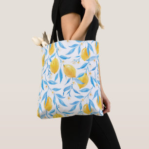 Waterverf gele luiers en blauwe bladeren draagtas