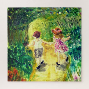 Waterverf - Geluk - Kute Little Girl en Boy Legpuzzel