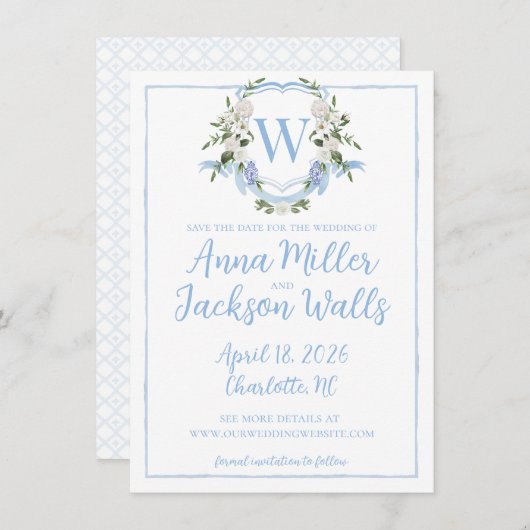 Waterverf-gemberpot-monogram-wapen, blauw-wit save the date (Voorkant / Achterkant)