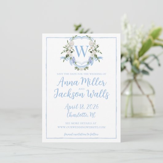 Waterverf-gemberpot-monogram-wapen, blauw-wit save the date (Staand voorkant)
