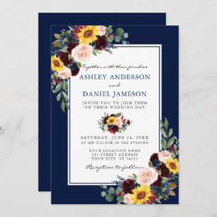 Waterverf Gemengd Floral Blue Lijst Wedding Kaart