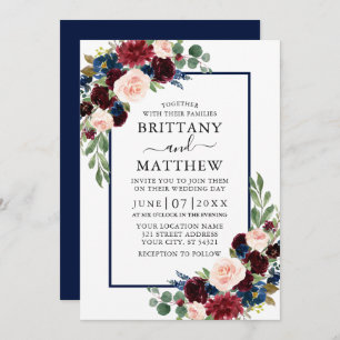 Waterverf gemengd Floral Burgundy Blue Wedding Kaart
