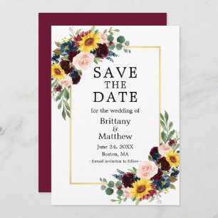 Waterverf Gemengd Floral Burgundy Gold Elegant Save The Date