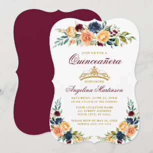 Waterverf Gemengd Floral Burgundy Quinceanera Kaart