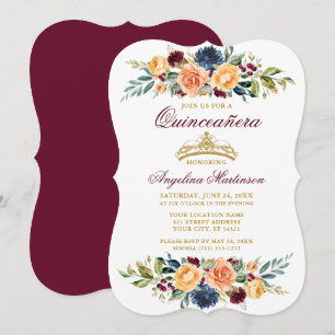 Waterverf Gemengd Floral Burgundy Quinceanera Kaart
