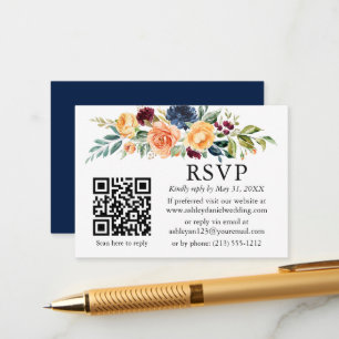 Waterverf gemengde Floral QR Wedding Blue RSVP Informatiekaartje