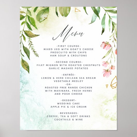 Waterverf Geometric Crystal Greenery Wedding Menu Poster (Voorkant)