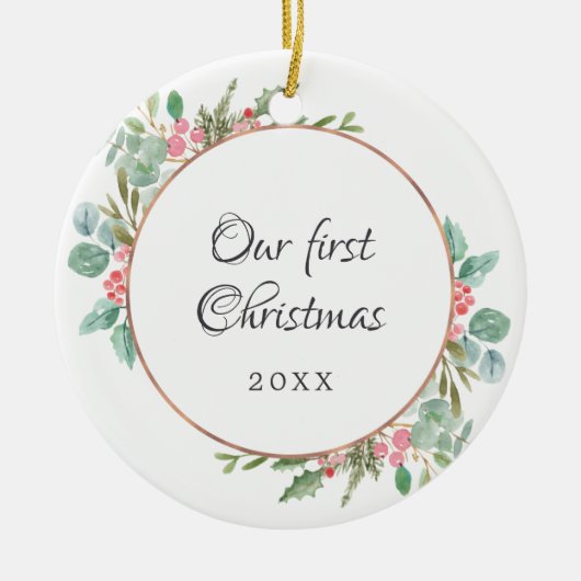 Waterverf Geometric Onze eerste kerstfoto Keramisch Ornament (Voorkant)