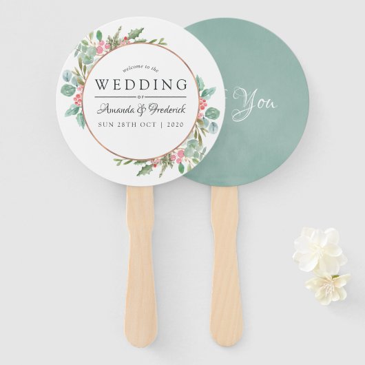 Waterverf Geometrische Eucalyptuskerstbruiloft Handwaaier (Voorkant en achterkant)