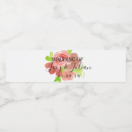 Waterverf Geschilderde Florals Roze bruiloft Waterfles Etiket (Enkel label)