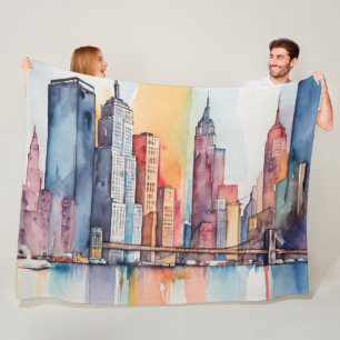 Waterverf geschilderde urban stadsgezicht skyscape fleece deken