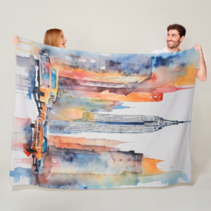 Waterverf geschilderde urban stadsgezicht skyscape fleece deken