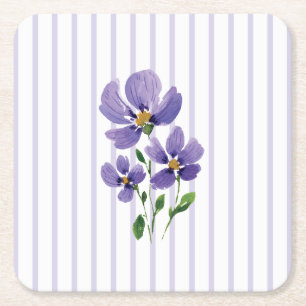 waterverf geschilderde viooltjes met strepen vierkante kartonnen onderzetter