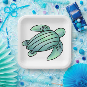 waterverf geschilderde zeeschildpad cartoon blauw papieren bordje