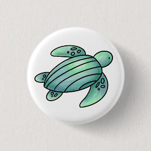 waterverf geschilderde zeeschildpad cartoon blauw  ronde button 3,2 cm