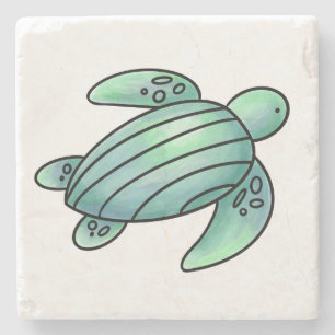 waterverf geschilderde zeeschildpad cartoon blauw  stenen onderzetter