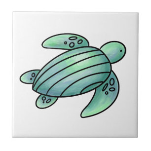 waterverf geschilderde zeeschildpad cartoon blauw tegeltje