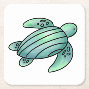 waterverf geschilderde zeeschildpad cartoon blauw  vierkante kartonnen onderzetter