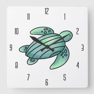 waterverf geschilderde zeeschildpad cartoon blauw vierkante klok