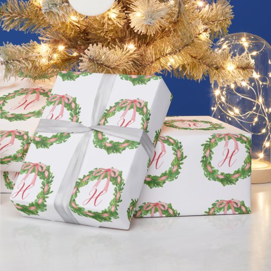 Waterverf Gestreepte Boog krans Kerstmis Monogram Cadeaupapier (Feestdagen)