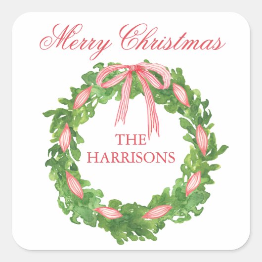 Waterverf Gestreepte Lintkrans Kerstmis Vierkante Sticker (Voorkant)