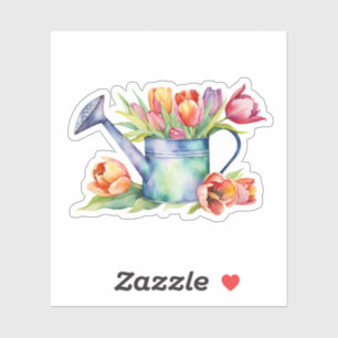 Waterverf gieter met tulpenbloemen sticker