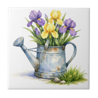 Waterverf Gietkan met Iris Bloemen  Tegeltje