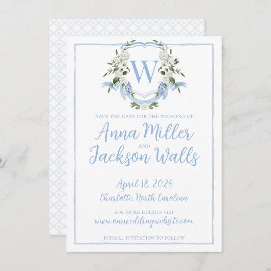 Waterverf Ginger Jar Monogram Crest, Blauw Wit Save The Date (Voorkant / Achterkant)