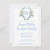 Waterverf Ginger Pot Monogram Wapen, Blauw Wit Save The Date (Voorkant / Achterkant)