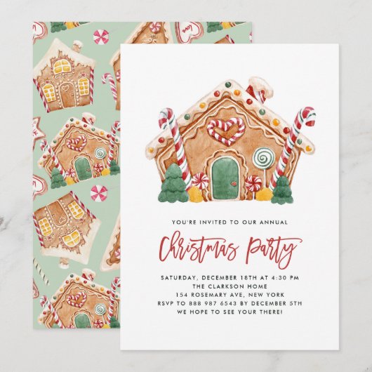 Waterverf Gingerbread House Kerstfeest Kaart (Voorkant / Achterkant)