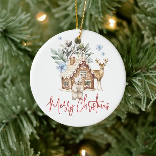 Waterverf Gingerbread House, Polar Beer & Reindee Keramisch Ornament (Boom)