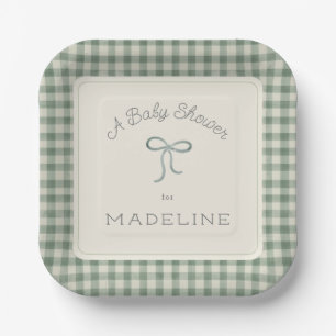 Waterverf Gingham Antiek Sage Green Baby shower Papieren Bordje