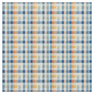 Waterverf Gingham Blauw Sinaasappel Geel Cheques Stof