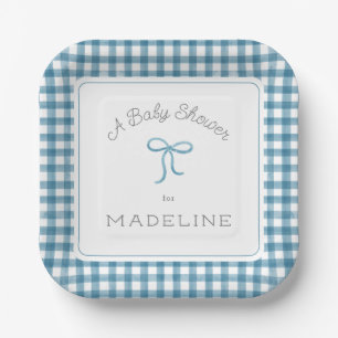 Waterverf Gingham Denim Blue Baby shower Papieren Bordje